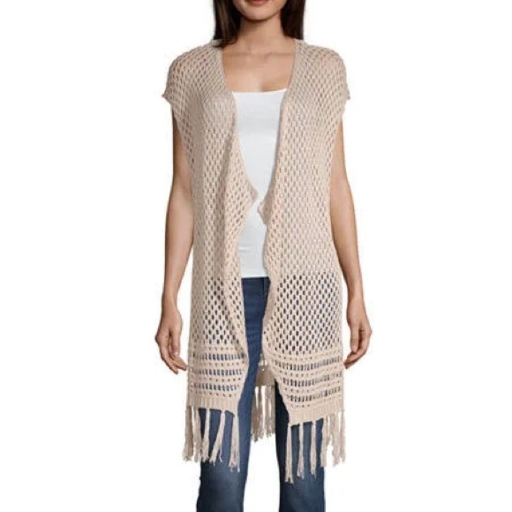 NWT Artesia Bohemian Crochet Fringe Open Knit Longline Waterfall Vest Duster